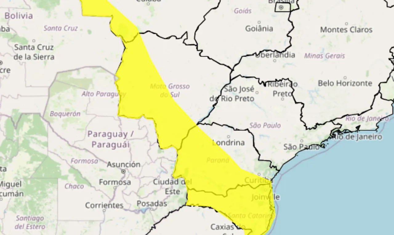 o mapa mostra as áreas em alerta para temporais 